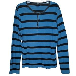 H&M Men's Blue Black Striped Linen Blend Long Sleeve Henley Shirt S Nautical Y2K